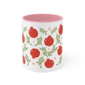 Pomegranate Pattern Accent Mug | Pink Inner Handle, Botanical Fruit Design
