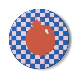 Pomegranate Illustration Ceramic Coaster | Checkerboard Blue Pink